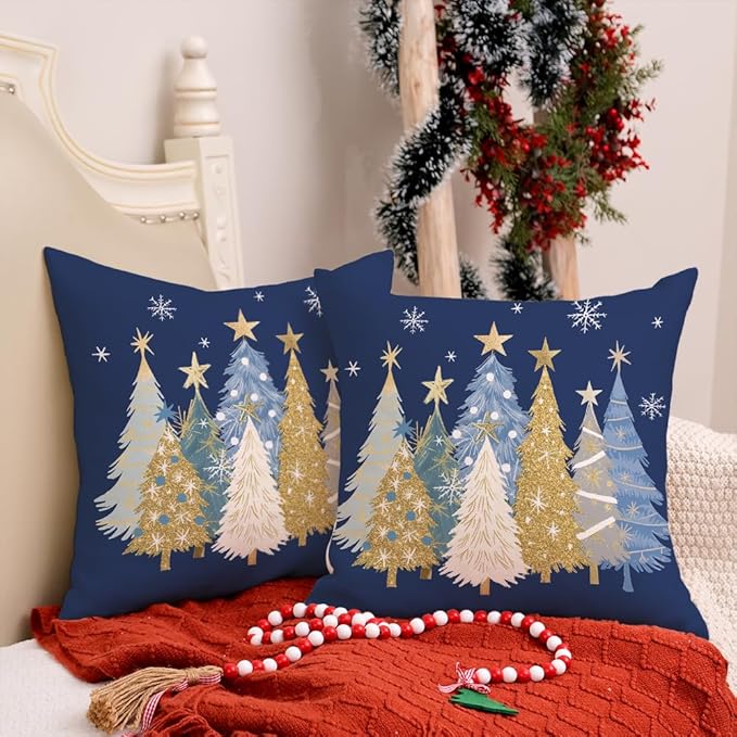 AACORS Christmas Pillow Covers 20X20 Set of 2,Watercolor Christmas Tree Stars Decoration Holiday Farmhouse Winter Pillow Case for Sofa Couch Decor（Blue） AA608-20-2