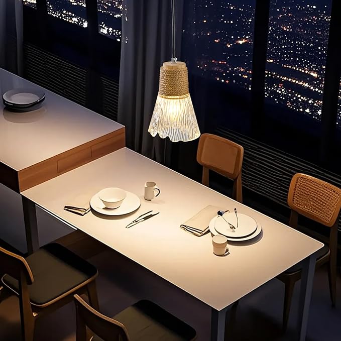 Pendant Light with Clear Striped Glass Lampshade, Hemp Rope Woven Vintage Pendant Light, Adjustable Height Hanging Chandelier Light for Dining Room Kitchen Hallway