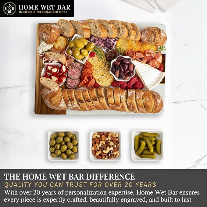 HomeWetBar Personalized Charcuterie Board Gift Set | Custom 15.75" x 11.75" White Marble & Acacia Wood Cheese Board with Serving Bowls | Perfect Housewarming + Wedding + Couples Gift Idea