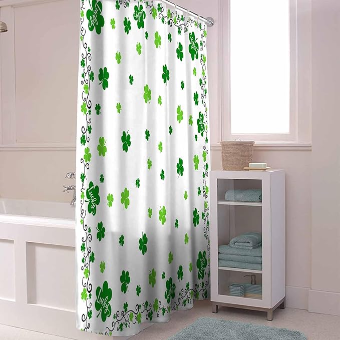 St Patrick's Day Shower Curtain,Green Shamrock Irish Clover Shower Curtains Set with Hooks, Seasonal Spring Holiday Waterproof Fabric Bathroom Curtains Decor Home Accessories, Stall Long 36 X 78 Inch