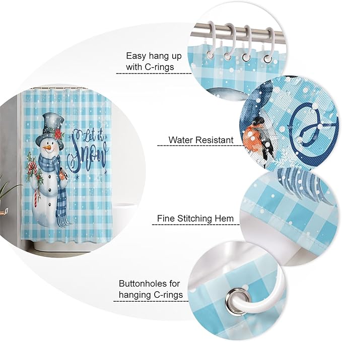Snowman Christmas Shower Curtain, Let It Snow Winter Holiday Shower Curtains Set with Hooks, Blue White Buffalo Plaid Waterproof Fabric Bathroom Curtains Decor Home Accessories, 60 X 72 Inch Long