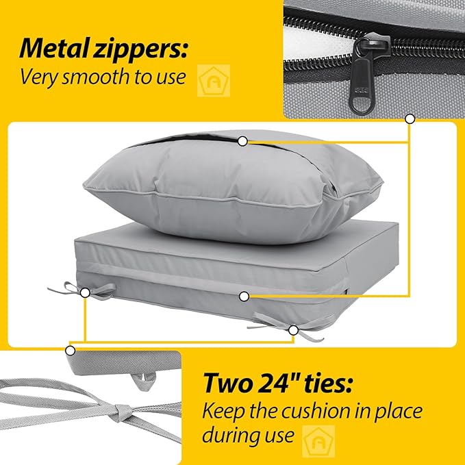 AAAAAcessories Outdoor Deep Seat Cushions, Waterproof, Fade-Resistant Patio Furniture Replacement Cushions, 23.5" x 25.5" x 5" + 23.5" x 19", Gray