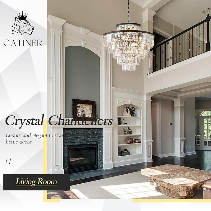 Large Crystal Chandeliers 23 Lights 36" Modern Black Luxury Chandelier for Foyer Staircase Chandeliers 6 Tiers Round K9 Ceiling Pendant Lighting Fixture for Living Dining Room
