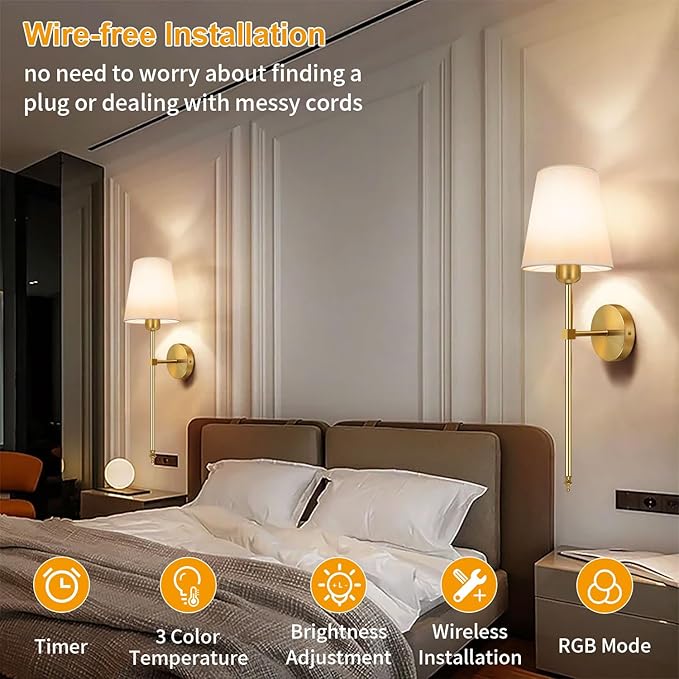 Auzev Battery Operated Wall Sconces Set of 2, Wall Lights for Living Room, Cordless Sconce Wall Decor Battery Powered Rechargeable Bedroom Wall Lamps with Remote Dimmable Sconce Lights No Wiring