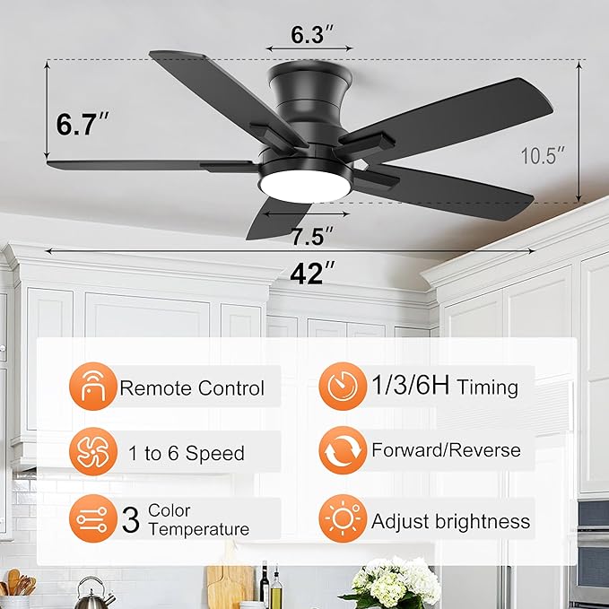 YUHAO 42 Inch Flush Mount Black Ceiling Fan with Light and Remote Control.Noiseless,Dimmable,3CCT,6 Speeds Reversible, Low Profile DC Ceiling Fans for Indoor Use