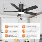 YUHAO 42 Inch Flush Mount Black Ceiling Fan with Light and Remote Control.Noiseless,Dimmable,3CCT,6 Speeds Reversible, Low Profile DC Ceiling Fans for Indoor Use