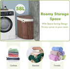Giantex Corner Laundry Hamper with Lid, 58 L Bamboo Laundry Basket with Removable Liner & Handle, Triangle Clothes Hamper for Small Spaces, Bedroom, Bathroom, Laundry & Living Room (Brown)