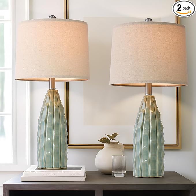 Ceramic Table Lamps Set of 2, 23.75" Modern Farmhouse Bedside Lamp - Green Nightstand Lamps for Bedroom, Boho Living Room End Tables, Small Office Desk Lamp Decor