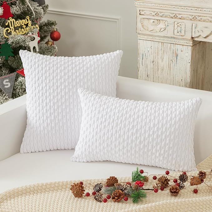Kevin Textile Set of 2 Decorative Pillow Cover Solid Striped Corduroy Plush Velvet Cushion Cover for Couch Machine Washable Pillowcase 50cm 20 x 20 Inch Pure White