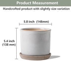 5.8 Inch Plant Pot: Ceramic Planter with Drainage Hole & Saucer - Cylinder Round Flowerpot for Indoor & Outdoor Plants - with Separate Tray for Home & Office - Retro Style, Grey