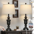 26" Black Table Lamps Set of 2 with USB C+A Ports & AC Outlet for Farmohouse Living Room Retro Bedroom,3-Way Dimmable Touch Lamp Resin Bedside Lamps for Nightstand Side End Table,Black