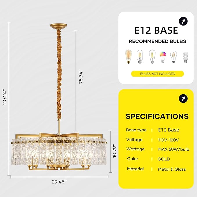 Gold Crystal Chandeliers for Dining Room 10-Light, 29.5” Modern Water Ripple Glass Light Fixture, Farmhouse Round Lighting for Kitchen Island, Bar Table