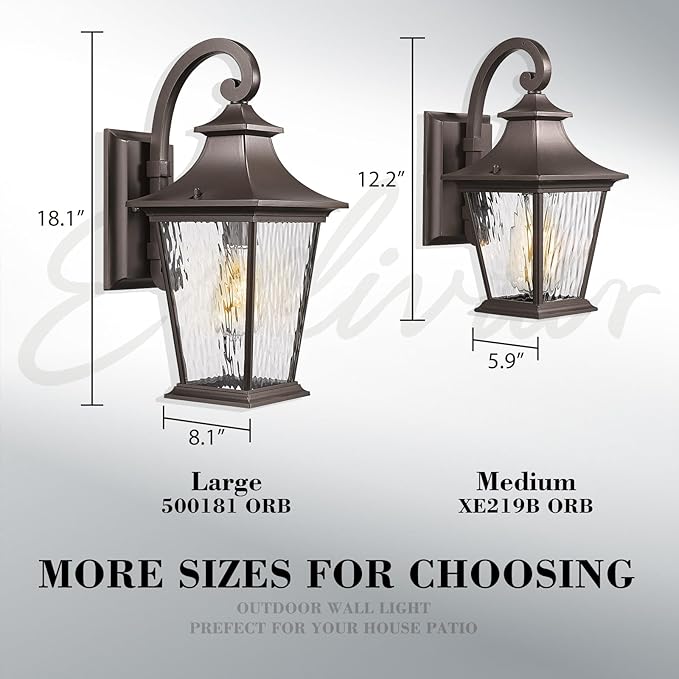 Emliviar 2 Pack Outdoor Wall Lights, Exterior Wall Lantern Sconce for Garage Patio, Oil Rubbed Bronze Finish with Water Ripple Glass, XE219B-2PK ORB