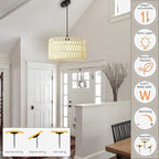 Boho Rattan Chandelier Light Fixture, 1-Lights Farmhouse Pendant Light Hand Woven Chandeliers for Dining Room with Fabric Shade Rustic Chandeliers Hanging Light Fixtures for Kitchen Island