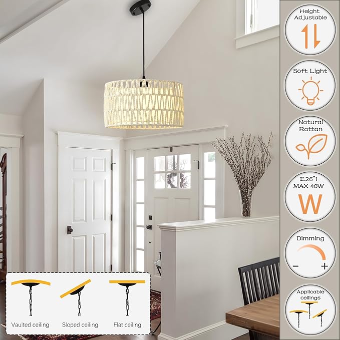 Boho Rattan Chandelier Light Fixture, 1-Lights Farmhouse Pendant Light Hand Woven Chandeliers for Dining Room with Fabric Shade Rustic Chandeliers Hanging Light Fixtures for Kitchen Island