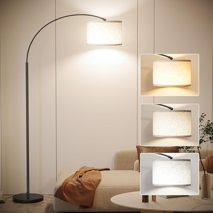 SUNMORY Arc Floor Lamp with 3 Color Temperature, Modern Floor Lamp with 9w A19 LED Bulb, 75″ Height Tall Lamp for Living Room with Hanging Drum Shade & Weighted Base. Arched Standing Lamp for Bedroom