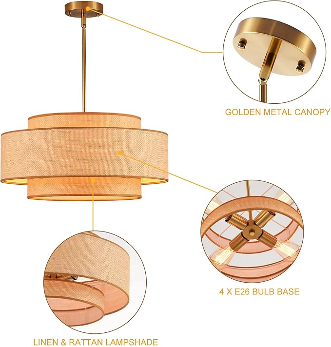 Farmhouse 19.7" Drum Rattan Chandelier 4-Lights Vintage Boho Rattan Chandelier Retro Vintage Bamboo Drum Chandeliers for Dining Room, Kitchen Island, Living Room, Bedroom