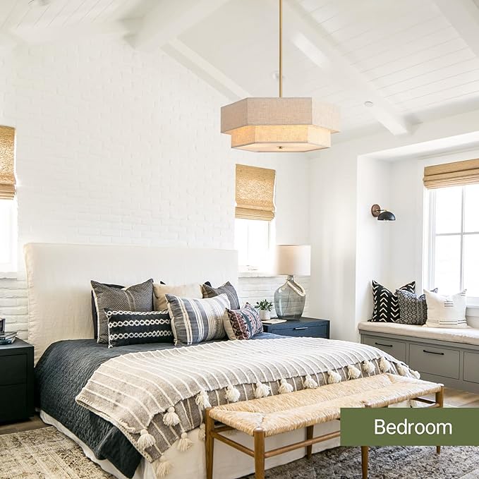 17.7" Modern Chandeliers for Dining Room, 3-Light Ceiling Pendant Light Gold Bedroom Light Fixture with 2-Layer Linen Drum Shade, Vintage Brass Chandelier for Kitchen Entryway Living Room