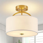 Gold Semi Flush Mount Ceiling Light Fixture 3-Light Drum Light Fixture with White Fabric Cover Shade 12.2" Modern Round Chandelier for Bedroom Foyer Hallway Living Room Kitchen Dining Room