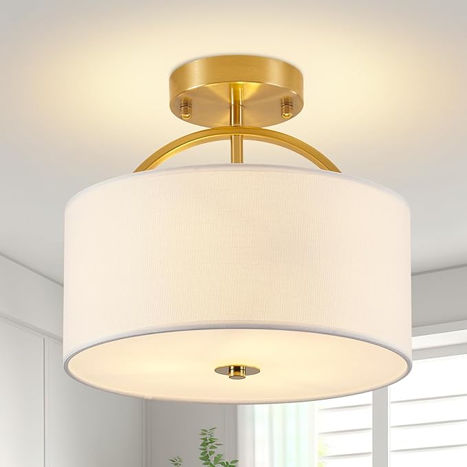 Gold Semi Flush Mount Ceiling Light Fixture 3-Light Drum Light Fixture with White Fabric Cover Shade 12.2" Modern Round Chandelier for Bedroom Foyer Hallway Living Room Kitchen Dining Room