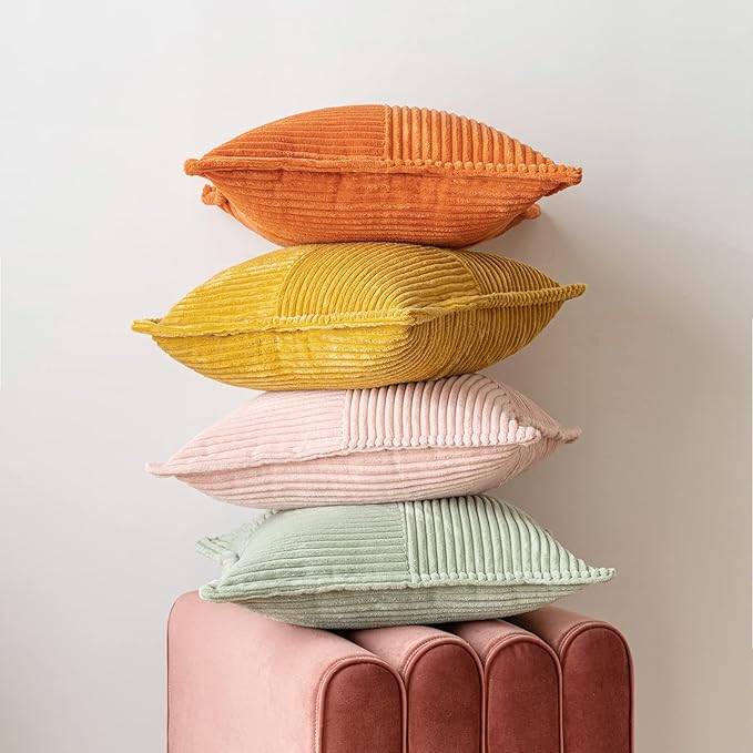 MIULEE Decorative Throw Pillow Covers for Couch Bed Livingroom 16x16 Inch Set of 2 Sage Green Boho Accent Throw Pllows Broadside Striped Patchwork Soft Corduroy Pillowcases