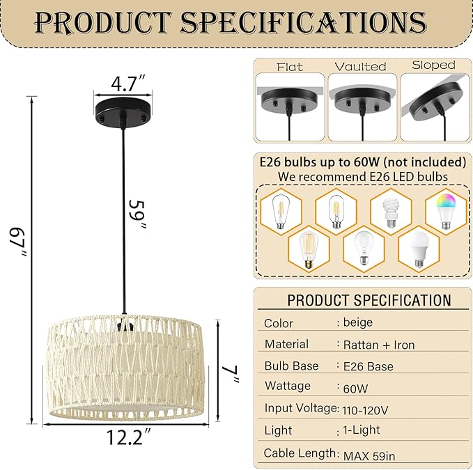 Boho Rattan Chandelier Light Fixture, 1-Lights Farmhouse Pendant Light Hand Woven Chandeliers for Dining Room with Fabric Shade Rustic Chandeliers Hanging Light Fixtures for Kitchen Island