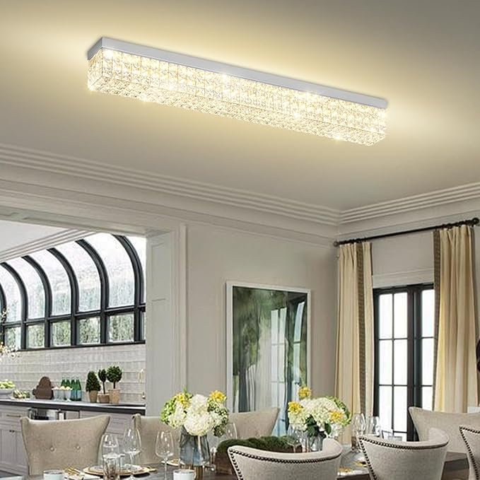 L 40" Modern Rectangle Chandelier Silver Rectangular Flush Mount Chandelier Crystal Ceiling Light Fixture for Dining Living Room Kitchen Island
