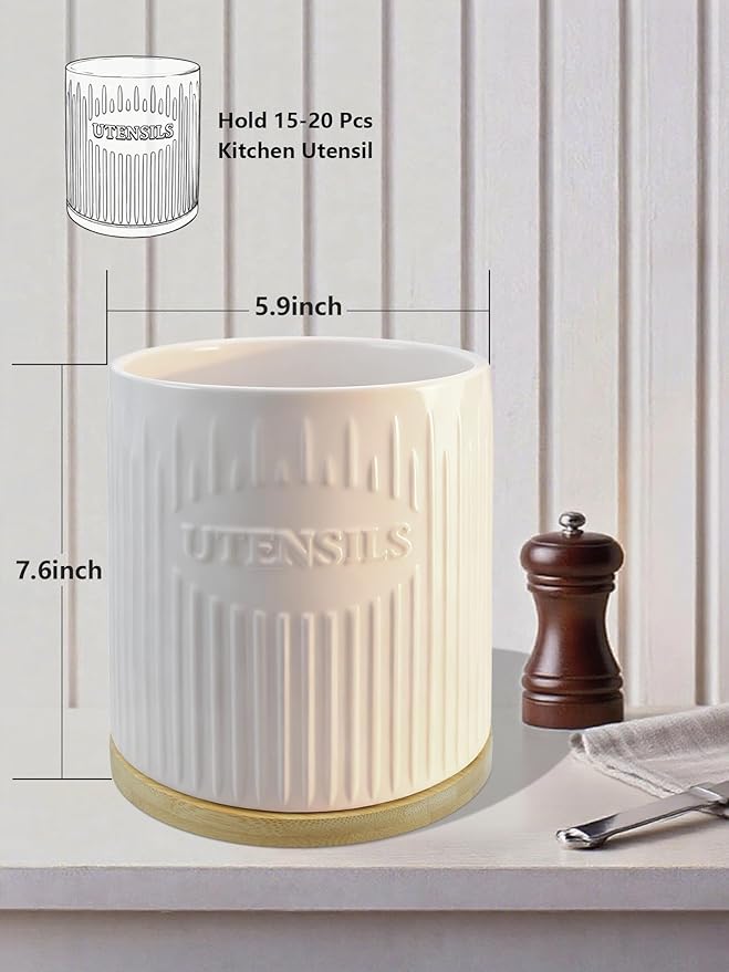 360° Rotating Utensil Holder, 7.6" Large Ceramic Kitchen Utensil Holder for Countertop with Bamboo Base, Stable Utensil Organizer, Farmhouse kitchen Decor, White