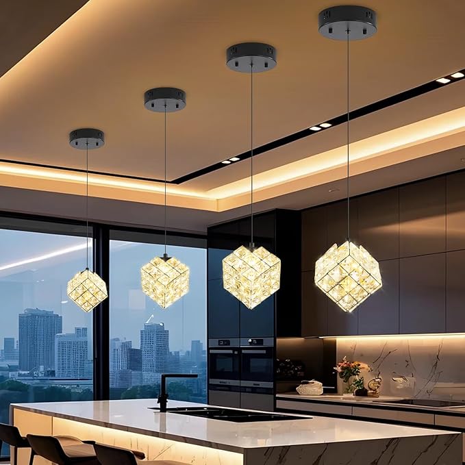 1-Light Modern Black Pendant Light Fixtures for Kitchen Island Small Hanging Crystal Chandelier for Bedroom Entryway Living Room Foyer Hallway LED Dimmable Chandeliers for Dining Room