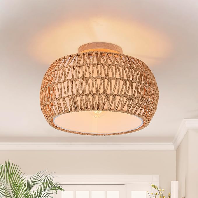 Rattan Chandelier Boho Ceiling Light Fixtures Drum Flush Mount Ceiling Light Small Woven Chandelier for Kitchen Bedroom Hallway Nursery Light Fixture
