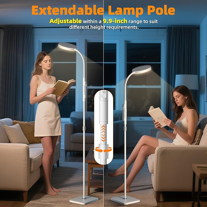 Floor Lamp, Adjustable Height Floor Lamps for Living Room Bedroom, 120 LED Super Bright Standing Lamp Remote & Touch Control Dimmable Gooseneck Tall Stand Reading Lamp for Office Craft, White