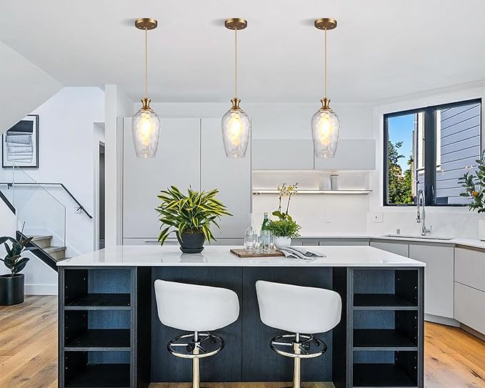2 Pack Glass Pendant Lights Kitchen Island Gold Vintage Pendant Light Hand-Blown Hammered Clear Glass Hanging Light Fixtures E26 Brass Pendant Light for Kitchen Sink Dining Room