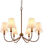 Chandelier, Retro Antique Brown with White Beige Fabric Shade, 6-Light 28" Country Rustic Farmhouse Linear Pendant Lighting Fixture for Kitchen Island Dining Living Room Bedroom