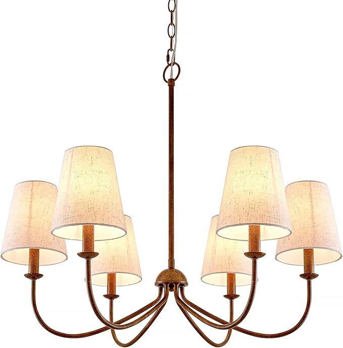 Chandelier, Retro Antique Brown with White Beige Fabric Shade, 6-Light 28" Country Rustic Farmhouse Linear Pendant Lighting Fixture for Kitchen Island Dining Living Room Bedroom