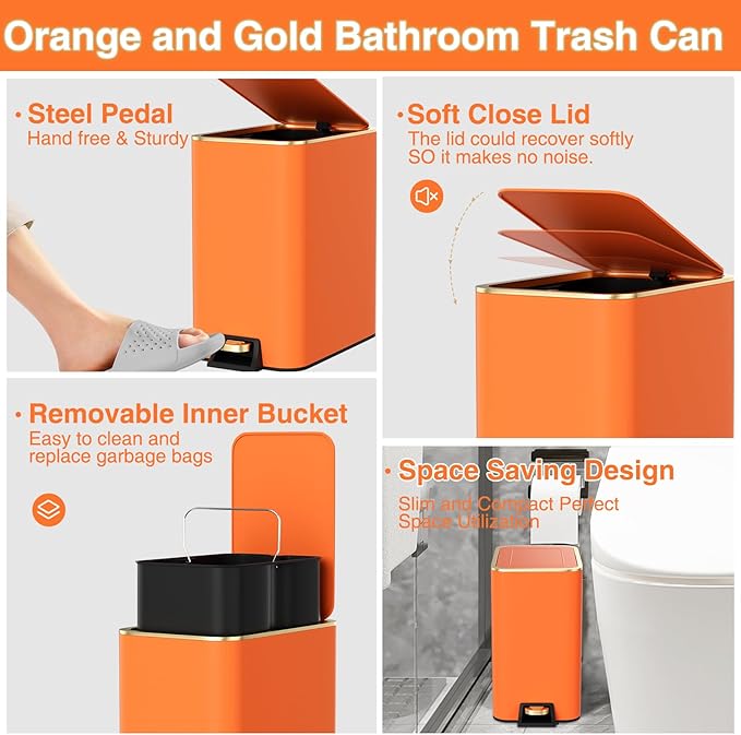 11PCS Bathroom Sets with Shower Curtain and Rugs Bathroom Accessories Set Orange Bathroom Set,Soap Dispenser & Toilet Brush Holder Set with Stainless Steel Trash Can