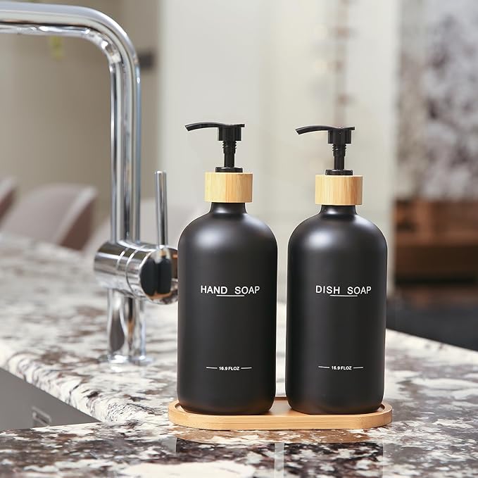 Black Soap Dispenser, Hand Soap, and Dish Soap Dispenser Set Suitable for Kitchen Counter Decor. (Black)