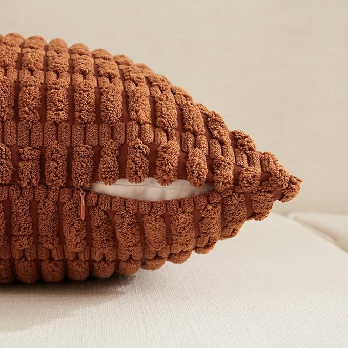 Fancy Homi Rust Decorative Throw Pillow Covers 14x24 Inch for Living Room Couch Bed Sofa, Rustic Farmhouse Boho Home Decor, Soft Striped Corduroy Rectangle Cushion Case 35x60 cm