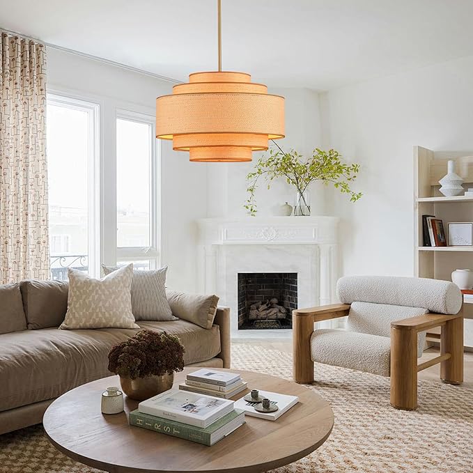 Farmhouse 19.7" Drum Rattan Chandelier 4-Lights Vintage Boho Rattan Chandelier Retro Vintage Bamboo Drum Chandeliers for Dining Room, Kitchen Island, Living Room, Bedroom