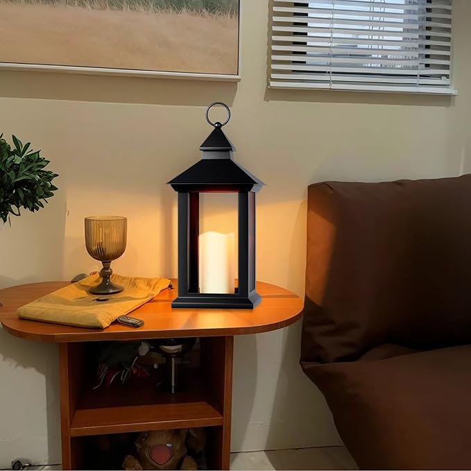 Christmas Lanterns Decorative Indoor, 14" Battery-Powered Waterproof Black LED Candle Lanterns with Timer for Patio & Outdoor, Vintage Hanging Lantern for Xmas Home Decorations, Transparent