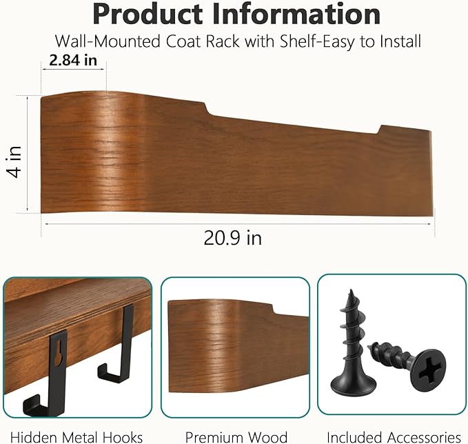 Coat Rack Wall Mount with Hidden Hooks Entryway Hanging Shelf Modern Wood Coat Hanger for Bedroom Kitchen Hallway Bathroom (Walnut, 20.9 Inch Long)