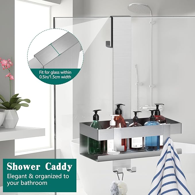 Emibele Over The Door Shower Caddy, 304 Stainless Steel Hanging Shower Caddy Rustproof Shower Shelves,No Drilling Hanging Shower Organizer for Bathroom Glass Door Up to 1.5cm,Basket: 23×10×10cm,Silver