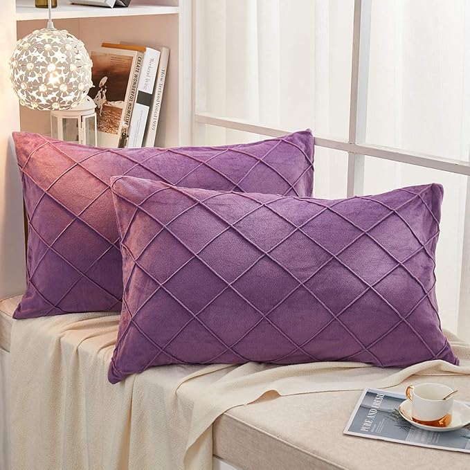 JAUXIO Diamond Pinch Pleated Crystal Velvet Pillowcases 2 Pack Solid Pintuck Throw Cushion Cover for Home Decor Hidden Zipper Closure (Purple, Standard)