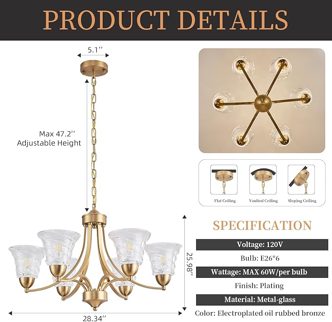 Farmhouse 6 Light Gold Chandeliers for Dining Room Light Over Table, Entryway Pendant Light for Foyer, Vintage Chandelier Ceiling Lights with Glass Shade for Kitchen Island Hallway, Adjustable Height