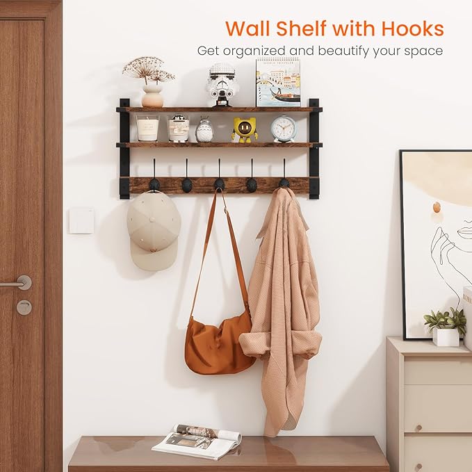 Homode Coat Rack Wall Mount with Shelf, Two-Tier Entryway Wall Shelf with Hooks, 24 in Wood Floating Storage Shelves, Coat Hanger for Hanging Hat Towel Jacket Purse Backpack, Rustic Brown
