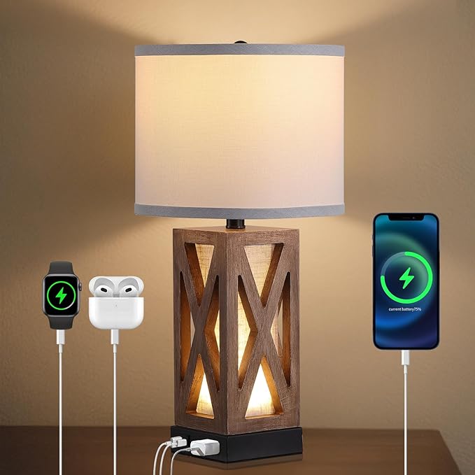 Wood Table Lamp, Vintage Nightstand Lamp with USB Charging Ports A/C, Farmhouse Bedside Lamps for Living Room