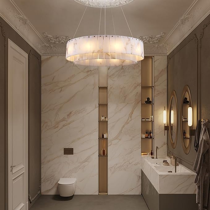 Alabaster Chandelier D31in Spanish Natural Marble Round Chandeliers, 2 Tiers Modern Living Room Chandelier, Alabaster Pendant Light Fixture, Dimmable Chandeliers for Bedroom, Entryway, Foyer