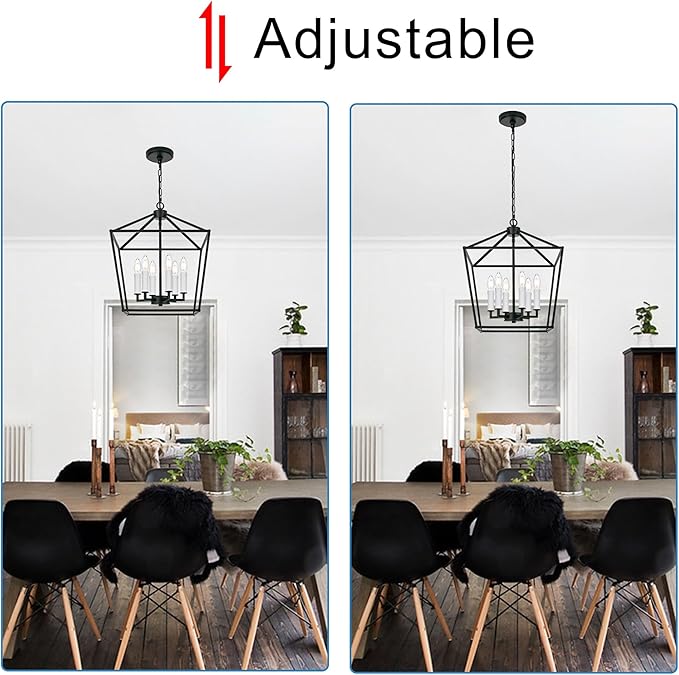 MELUCEE Rustic Open Cage Chandelier 6 Lights in Black Farmhouse Lantern Hanging Ceiling Light Large Pendant Light with White Candle-Shaped Socket for Hallway Dining Room Kitchen Island, E12 Base