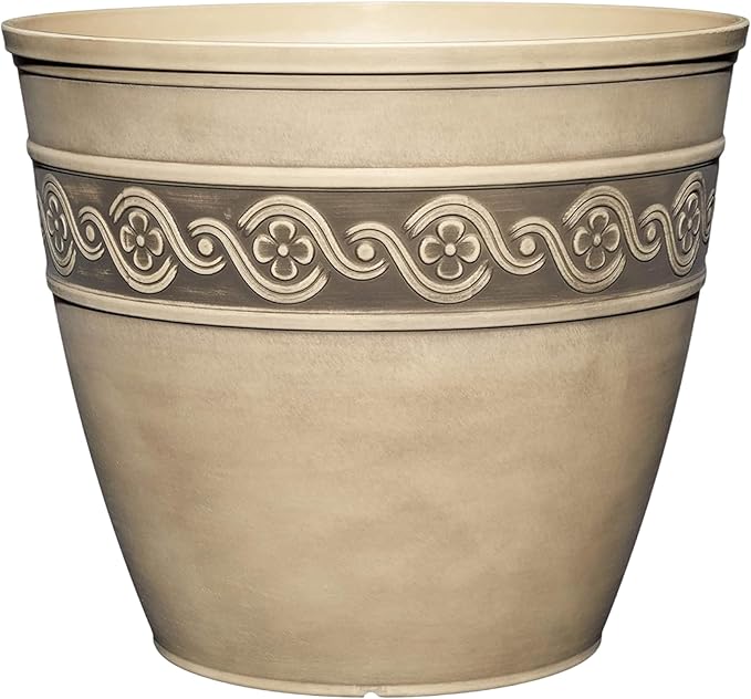 Classic Home and Garden Corinthian Resin Planter Pot - Outdoor & Indoor Plant Pot - Round Planter for Plants & Flowers (8” Ivory Ash, Pack of 1)