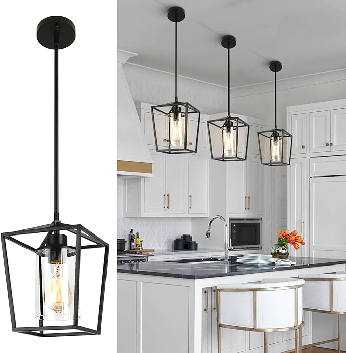 3 Pack Black Pendant Lights 1-Light Farmhouse Pendant Lights Kitchen Island Lantern Iron Cage Hanging Light Fixtures with Clear Glass Shade for Entryway, Hallway, Foyer, Porch, Dining Room
