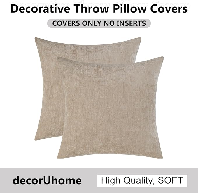 decorUhome Chenille Beige Throw Pillow Covers 18x18 Inch Set of 2, Decorative Soft Couch Pillow Covers Solid Dyed Accent Velvet Farmhouse Neutral Square Pillow Cases for Sofa Bed Living Room